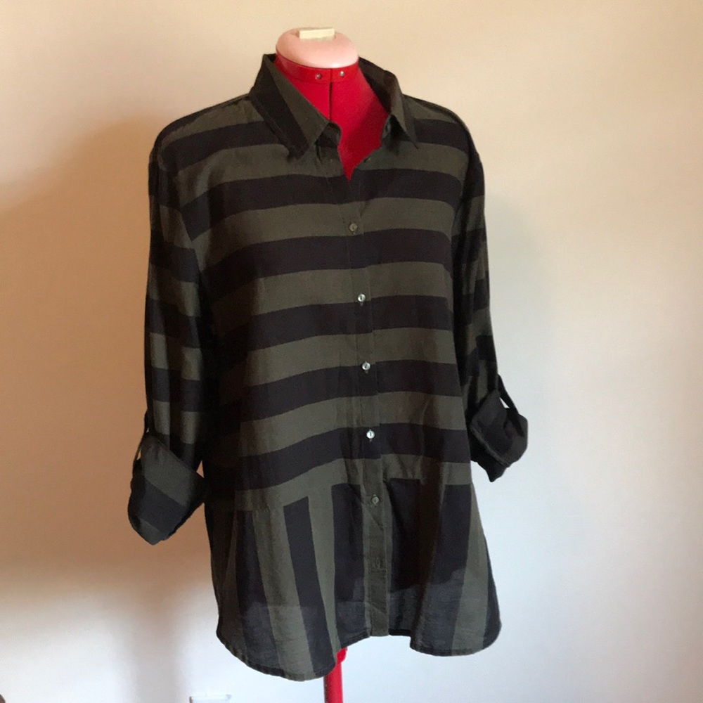 Green and Black striped button-up blouse
